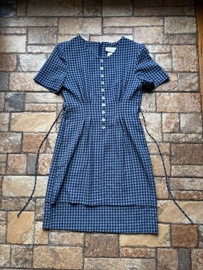 Vintage Miss Dorby Navy and White Gingham Button-Front Mini Retro Picnic Dress